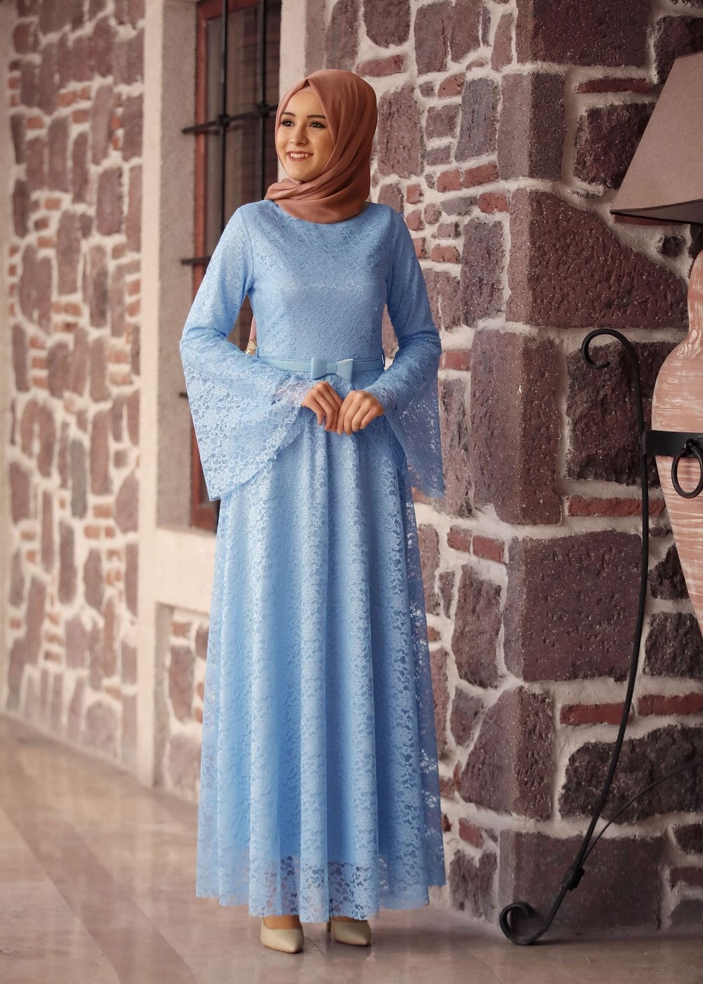 Tesettür giyim MAVİ GENİŞ KOL DANTELLİ ABİYE ELBİSE T 1410