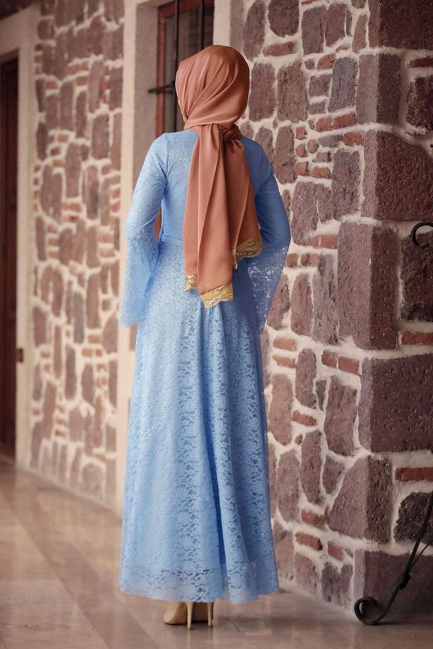 Tesettür giyim  GENİŞ KOL DANTELLİ ABİYE ELBİSE T 1410 - TRENDTESETTÜR