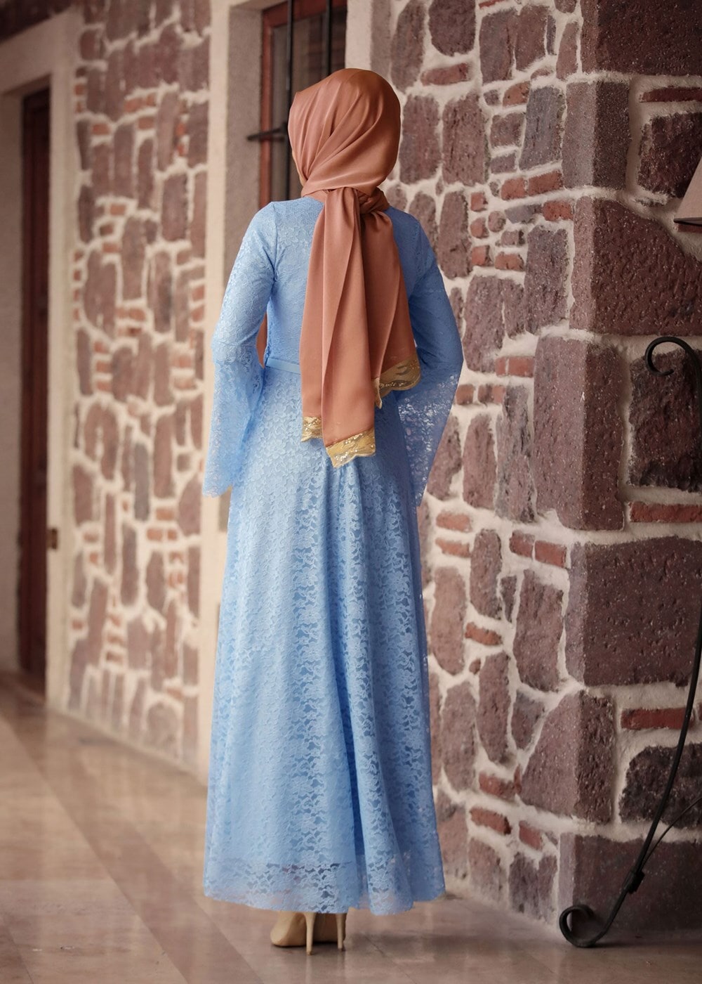 Tesettür giyim MAVİ GENİŞ KOL DANTELLİ ABİYE ELBİSE T 1410