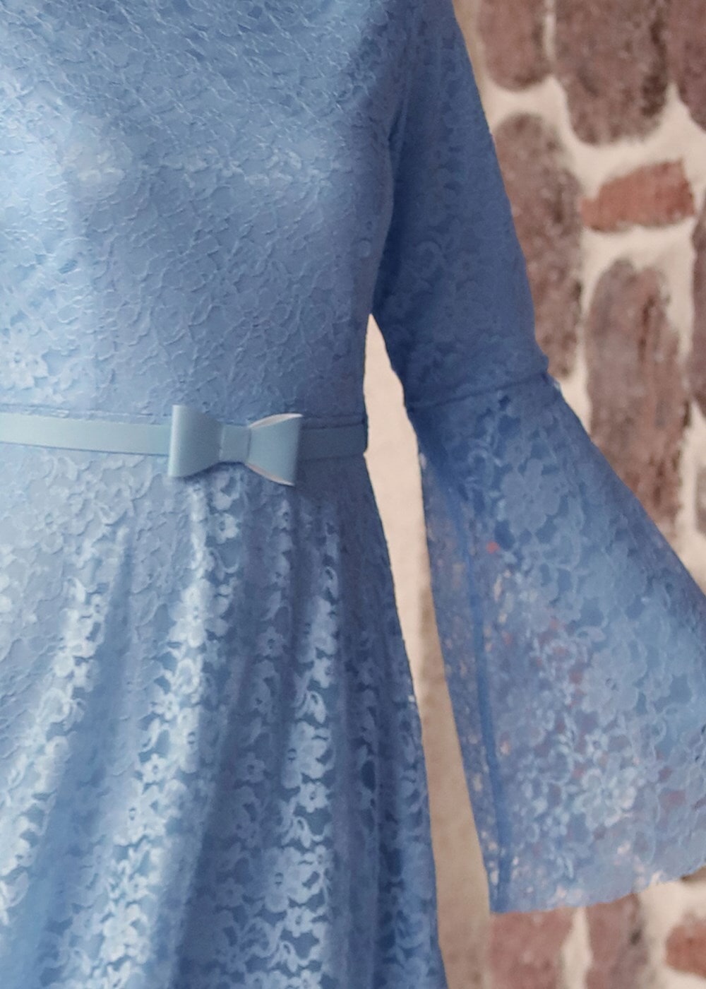 Tesettür giyim MAVİ GENİŞ KOL DANTELLİ ABİYE ELBİSE T 1410