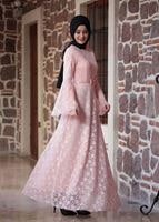 Tesettür giyim PUDRA GENİŞ KOL DANTELLİ ABİYE ELBİSE T 1410