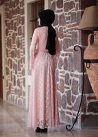 Tesettür giyim PUDRA GENİŞ KOL DANTELLİ ABİYE ELBİSE T 1410