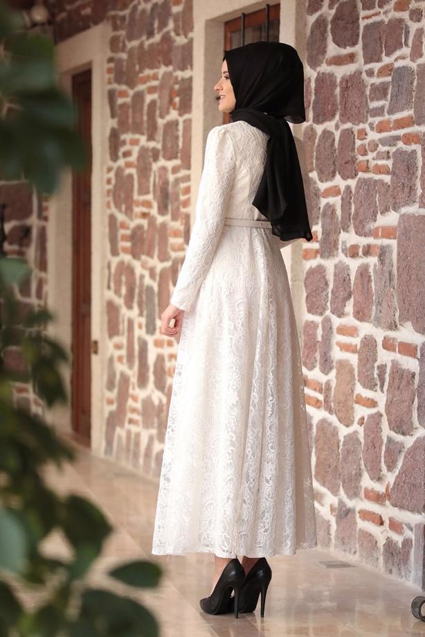 Tesettür giyim  GÜPÜRLÜ KEMER DETAYLI ABİYE ELBİSE 1613 - TRENDTESETTÜR