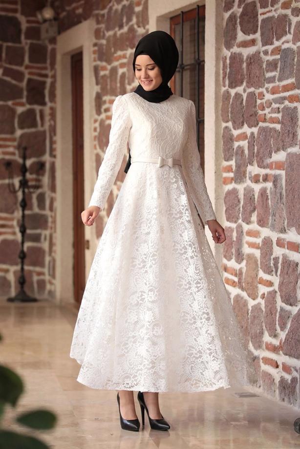 Tesettür giyim  GÜPÜRLÜ KEMER DETAYLI ABİYE ELBİSE 1613 - TRENDTESETTÜR