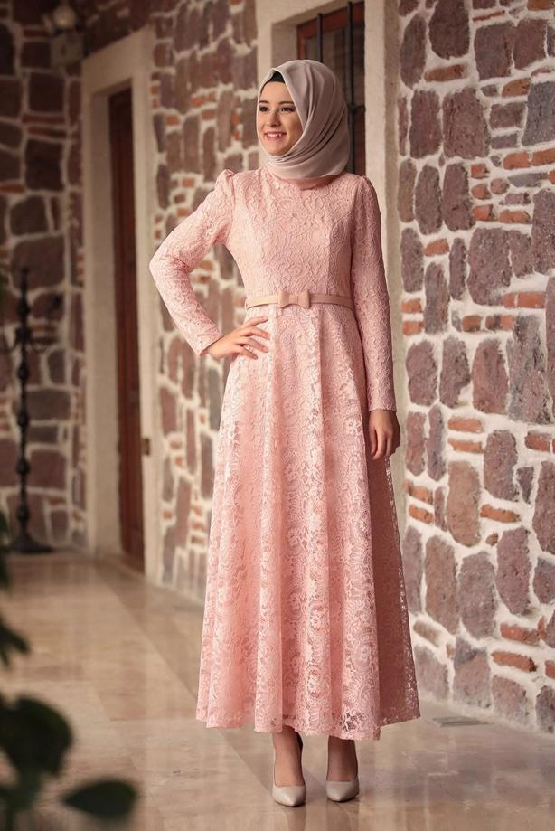 Tesettür giyim  GÜPÜRLÜ KEMER DETAYLI ABİYE ELBİSE 1613 - TRENDTESETTÜR