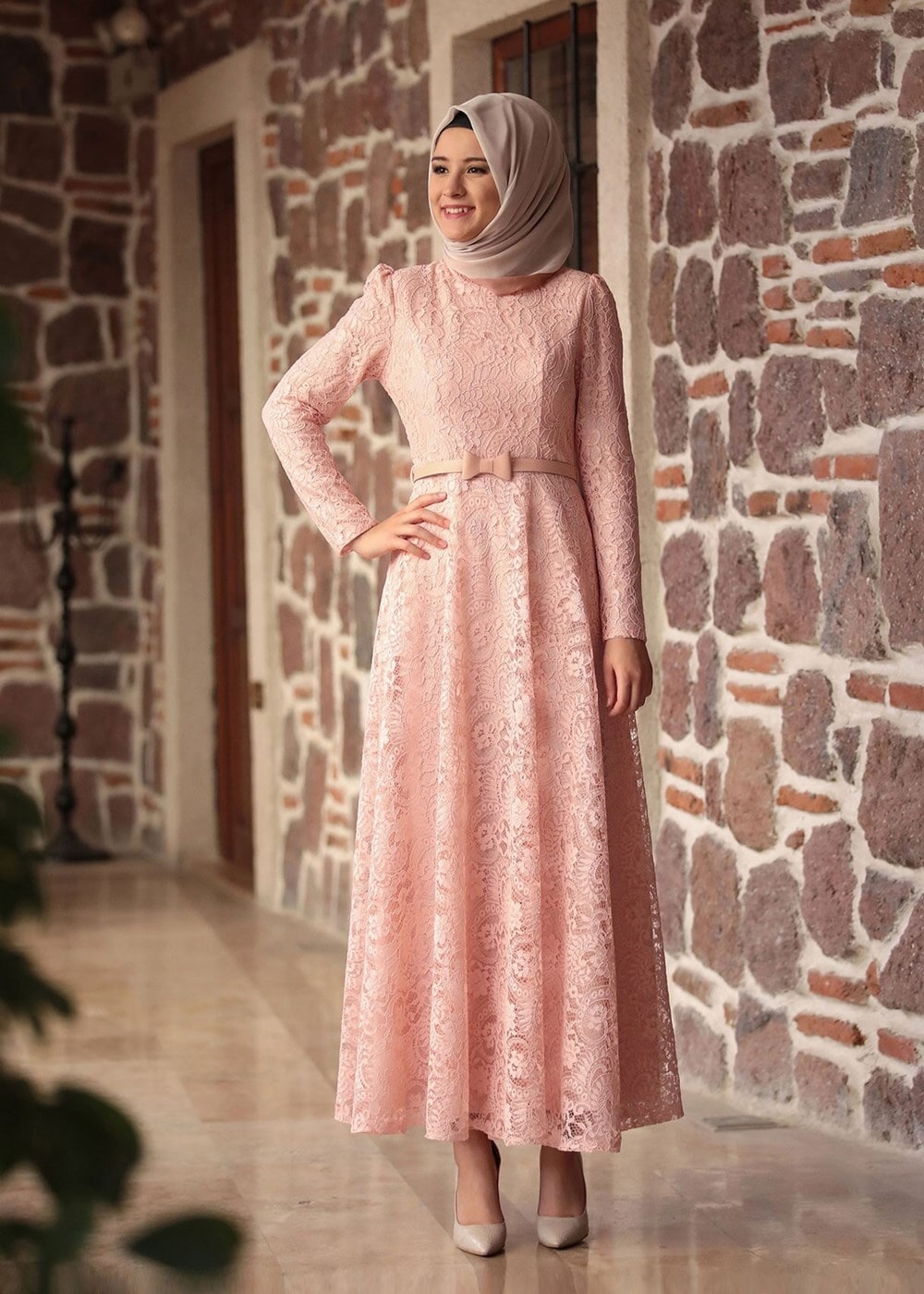 Tesettür giyim PUDRA GÜPÜRLÜ KEMER DETAYLI ABİYE ELBİSE 1613