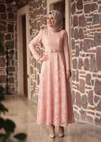 Tesettür giyim PUDRA GÜPÜRLÜ KEMER DETAYLI ABİYE ELBİSE 1613