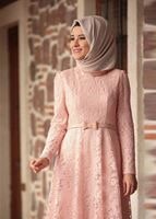 Tesettür giyim PUDRA GÜPÜRLÜ KEMER DETAYLI ABİYE ELBİSE 1613