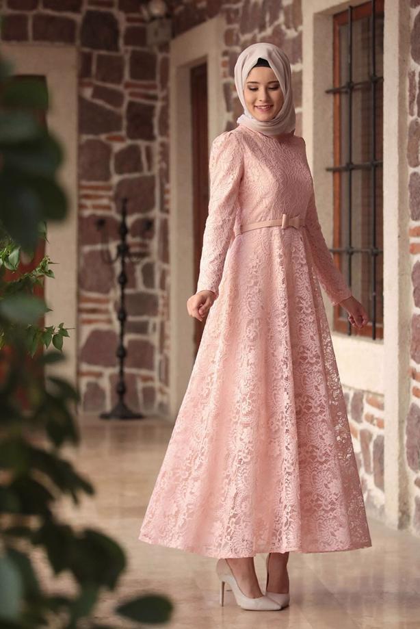 Tesettür giyim  GÜPÜRLÜ KEMER DETAYLI ABİYE ELBİSE 1613 - TRENDTESETTÜR