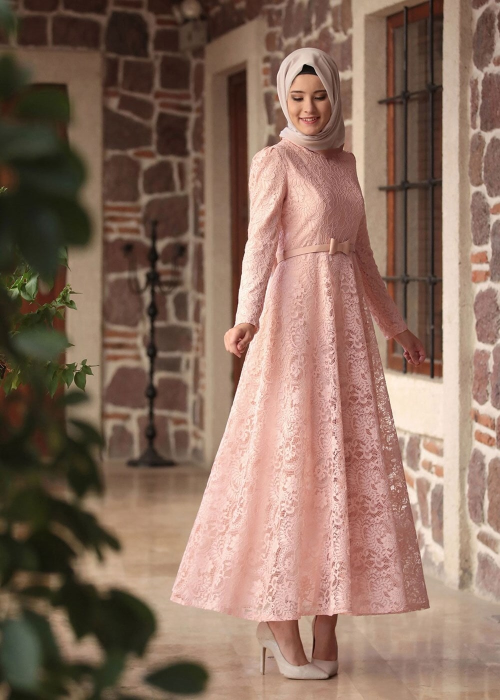 Tesettür giyim PUDRA GÜPÜRLÜ KEMER DETAYLI ABİYE ELBİSE 1613