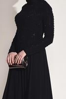 Tesettür giyim SİYAH PUL VE İNCİ İŞLEMELİ ABİYE ELBİSE 1808 