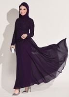 Tesettür giyim MOR PUL VE İNCİ İŞLEMELİ ABİYE ELBİSE 1808 