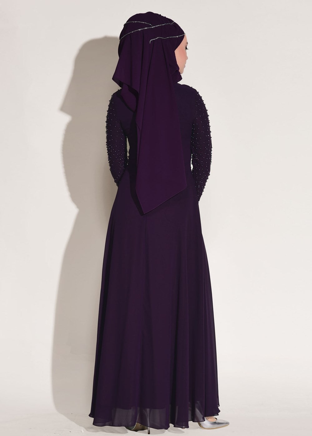 Tesettür giyim MOR PUL VE İNCİ İŞLEMELİ ABİYE ELBİSE 1808 