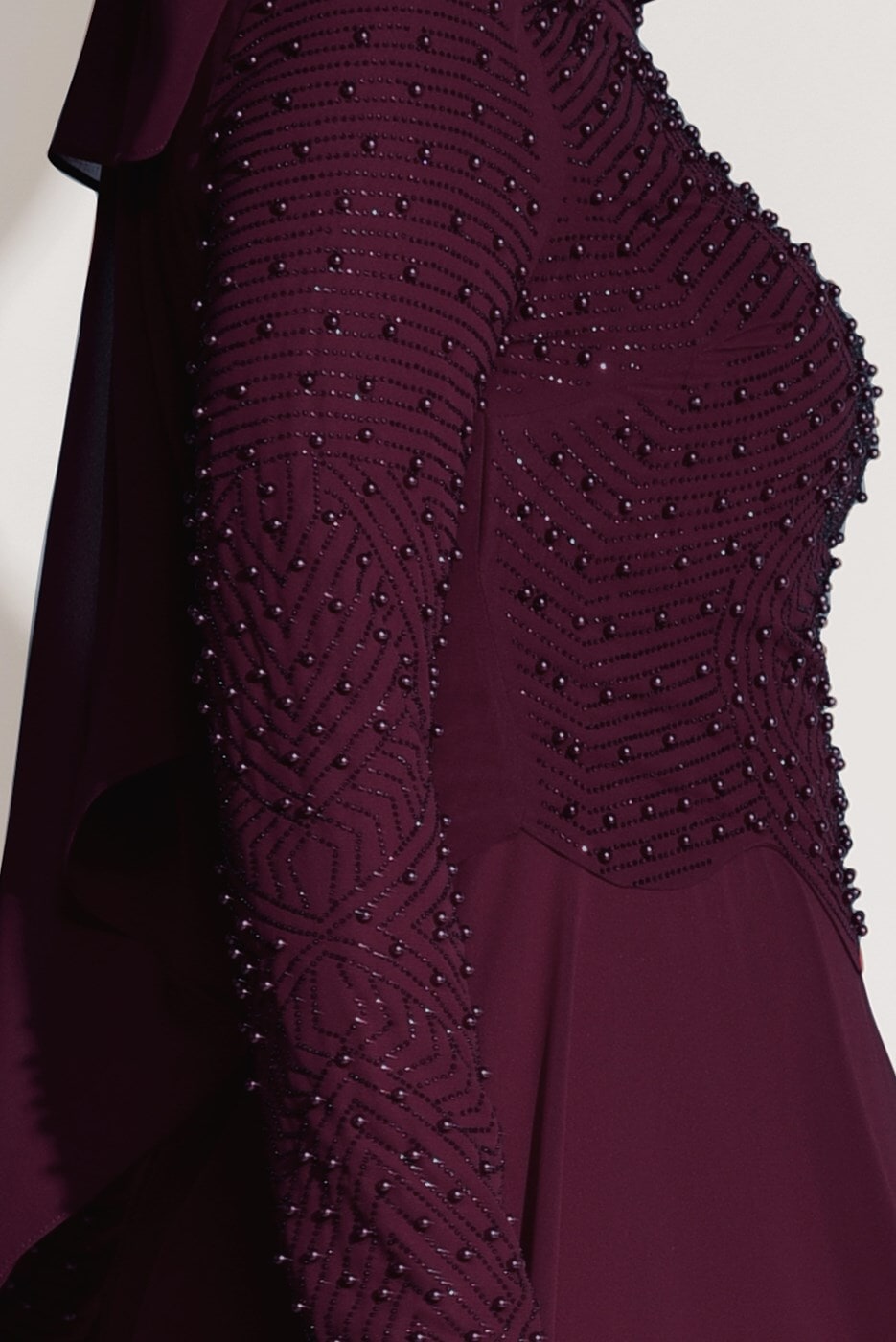 Tesettür giyim BORDO PUL VE İNCİ İŞLEMELİ ABİYE ELBİSE 1808 