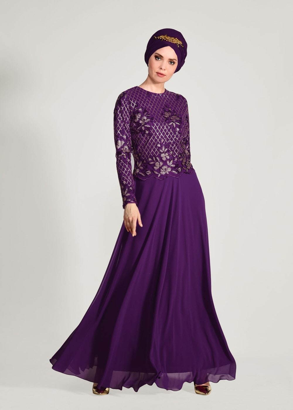 Hijab clothing PURPLE SEQUIN EMBROIDERED EVENING DRESS 2131 
