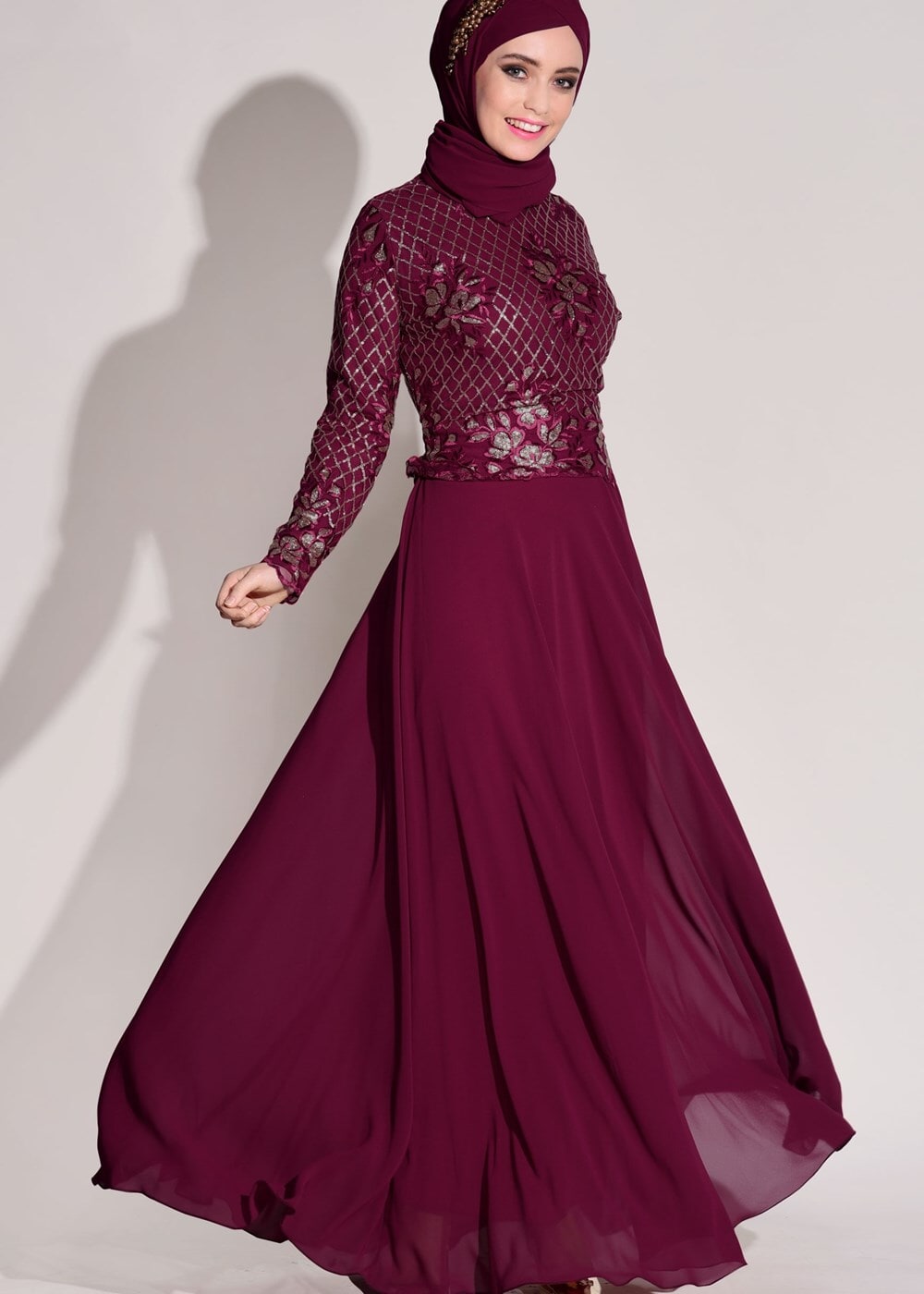 Vêtements hijab ROUGE BORDEAUX ROBE DE SOIRÉE BRODÉE À PAILLETTES 2131