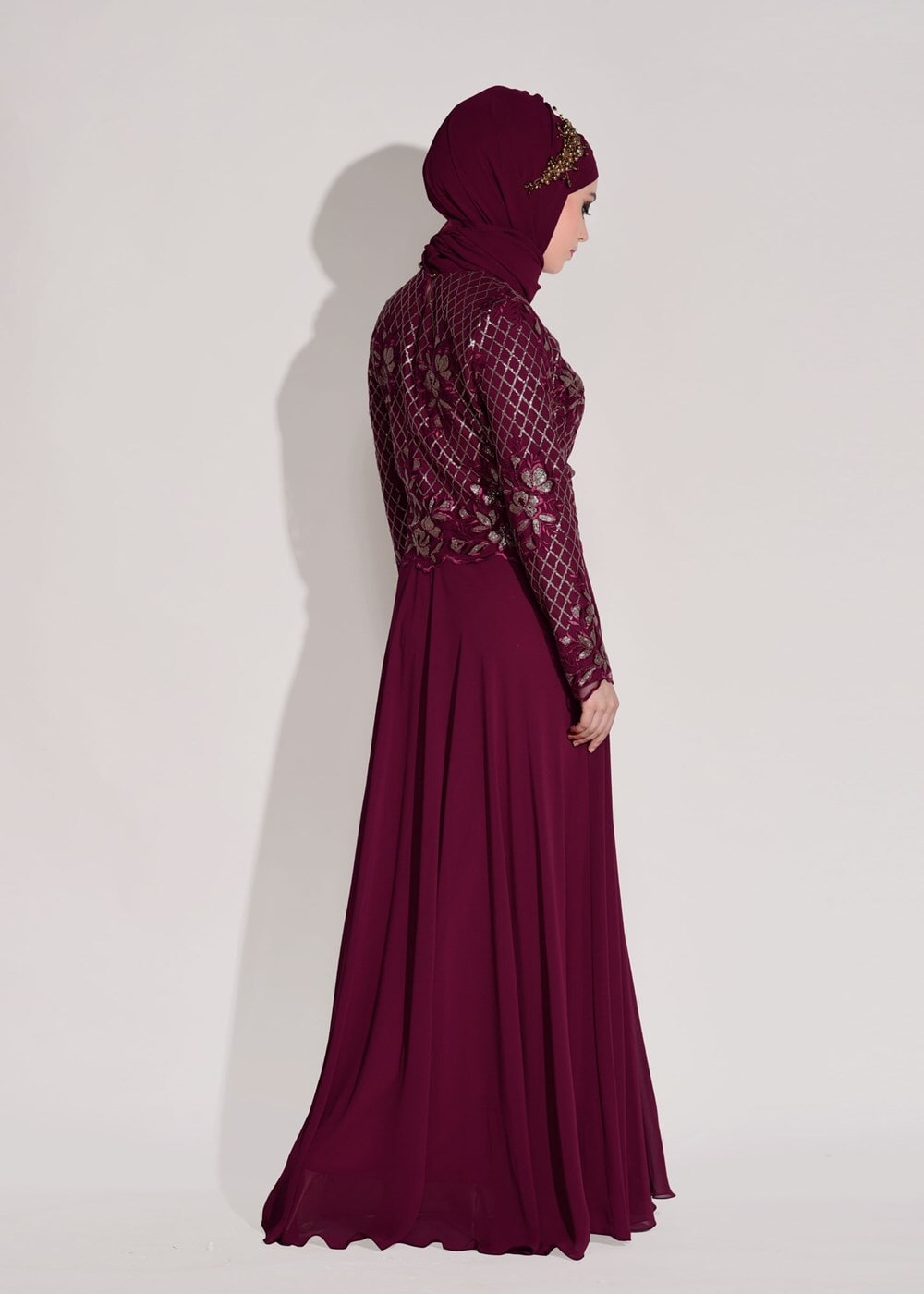 Vêtements hijab ROUGE BORDEAUX ROBE DE SOIRÉE BRODÉE À PAILLETTES 2131