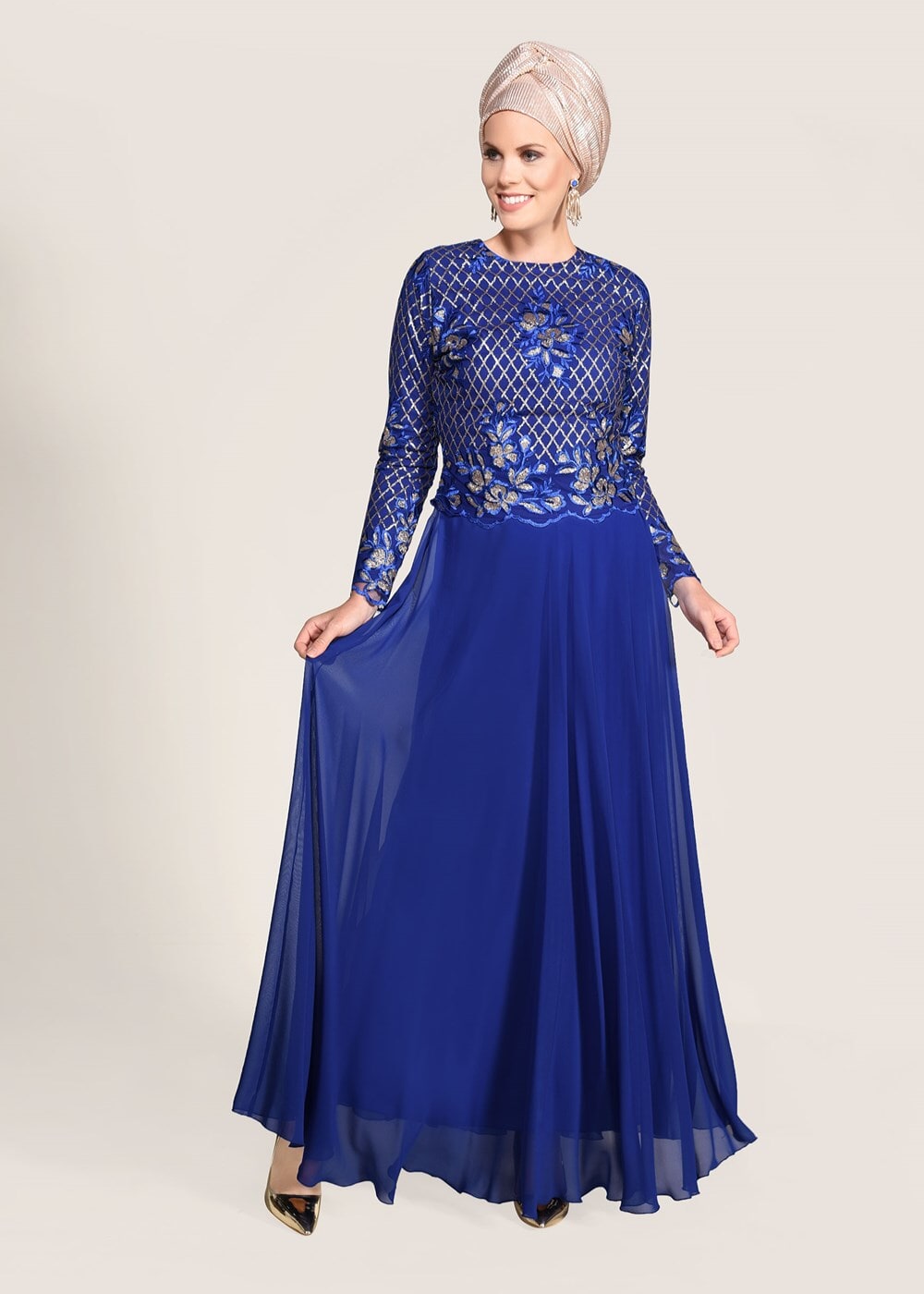 Hijab clothing NAVY BLUE SEQUIN EMBROIDERED EVENING DRESS 2131 