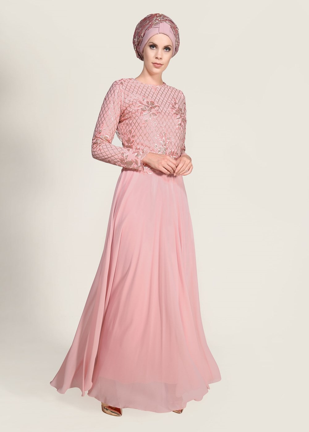 Hijab clothing POWDER SEQUIN EMBROIDERED EVENING DRESS 2131 