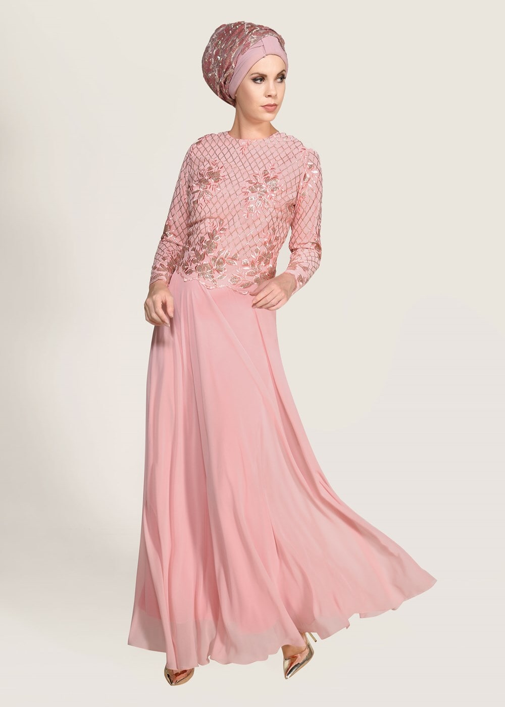 Hijab clothing POWDER SEQUIN EMBROIDERED EVENING DRESS 2131 