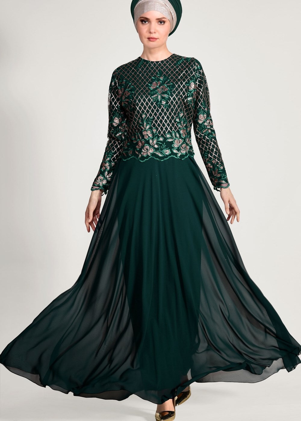 Vêtements hijab VERT ROBE DE SOIRÉE BRODÉE À PAILLETTES 2131