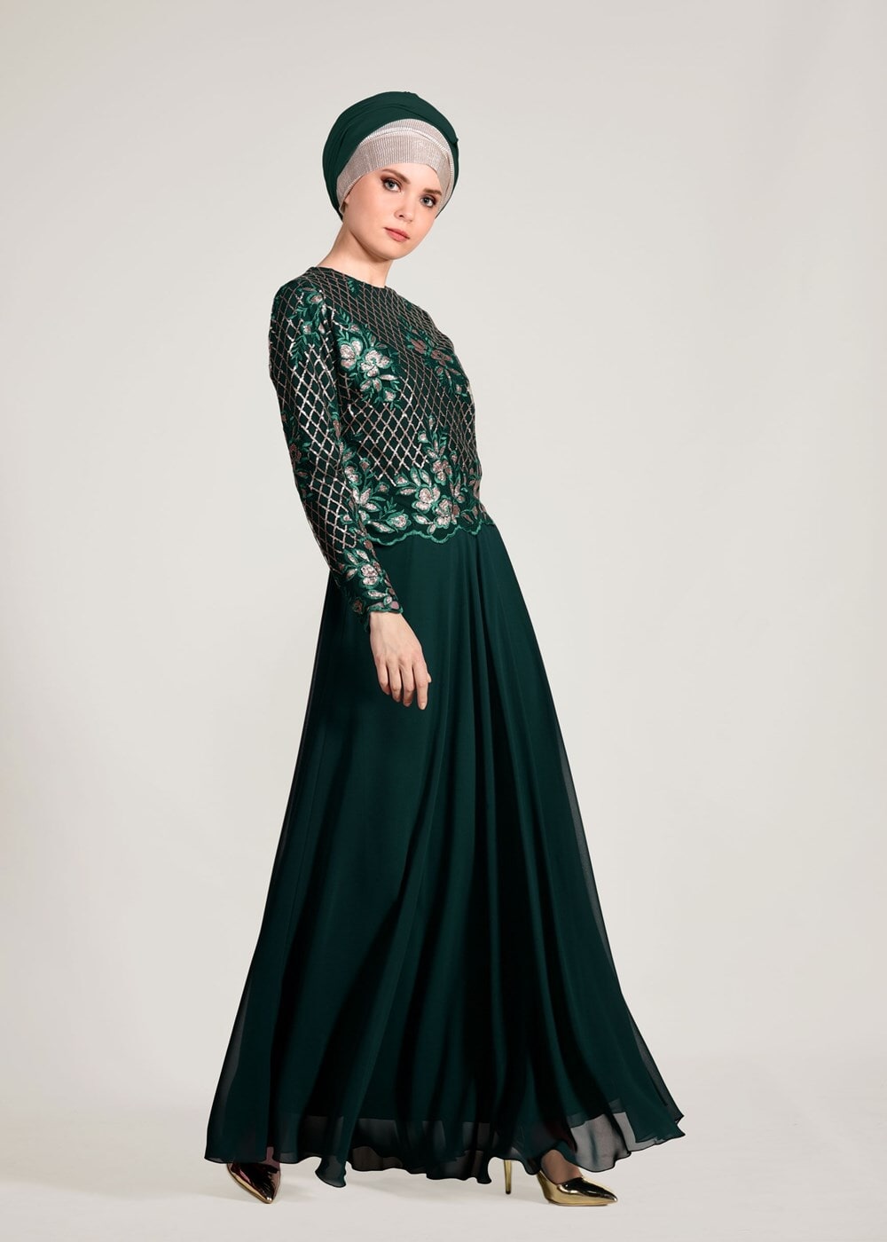 Vêtements hijab VERT ROBE DE SOIRÉE BRODÉE À PAILLETTES 2131
