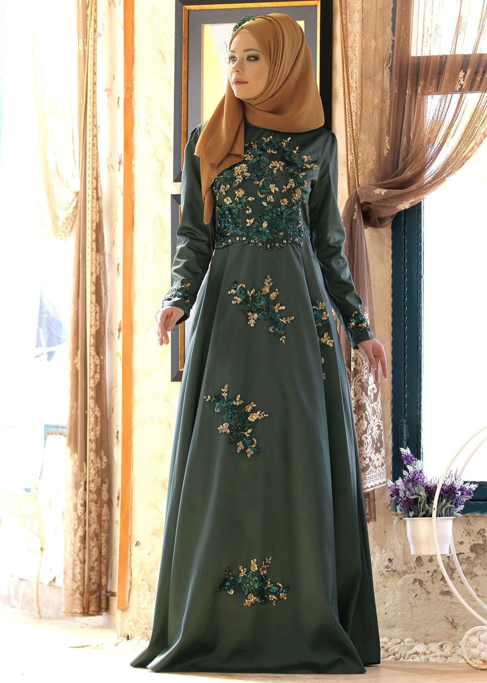Vêtements hijab KAKI ROBE DE SOIRÉE À PAILLETTES 2191