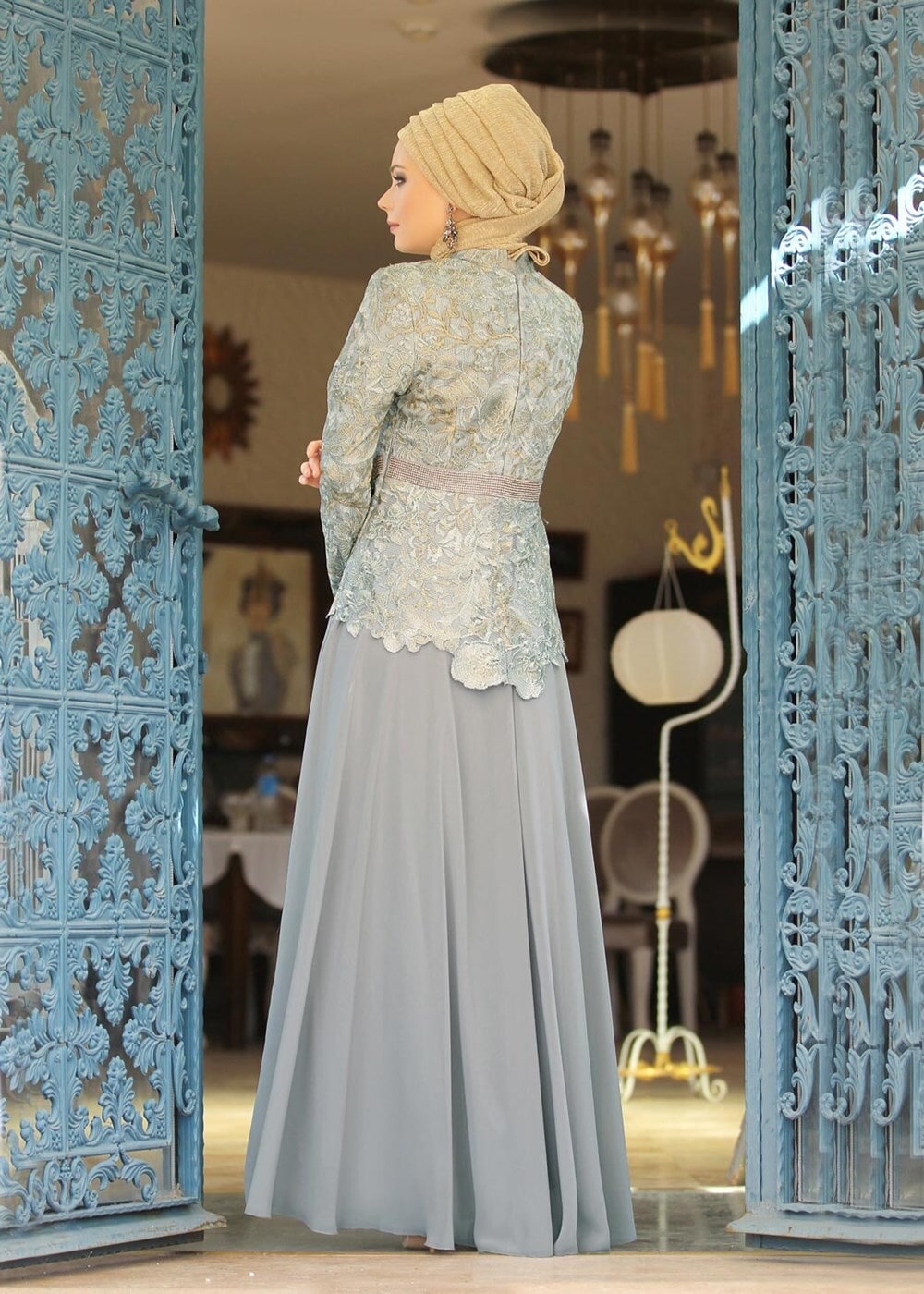 Tesettür giyim GRİ HAKİM YAKA GÜPÜRLÜ ABİYE ELBİSE 2497