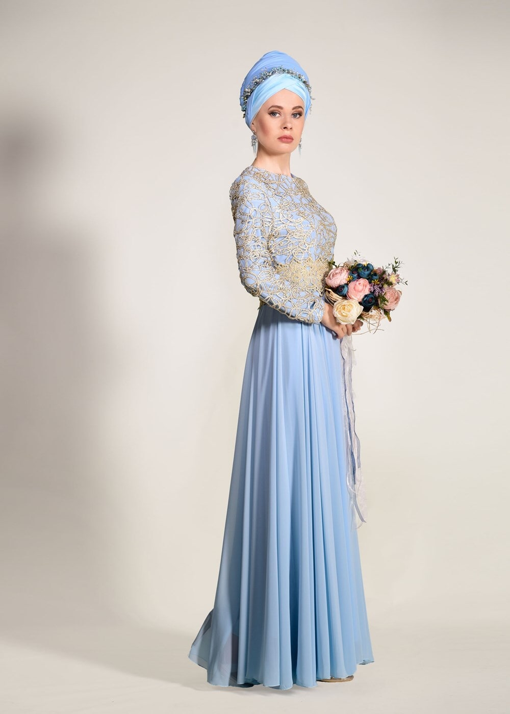 Hijab clothing BLUE GUIPURED EVENING DRESS 2581 