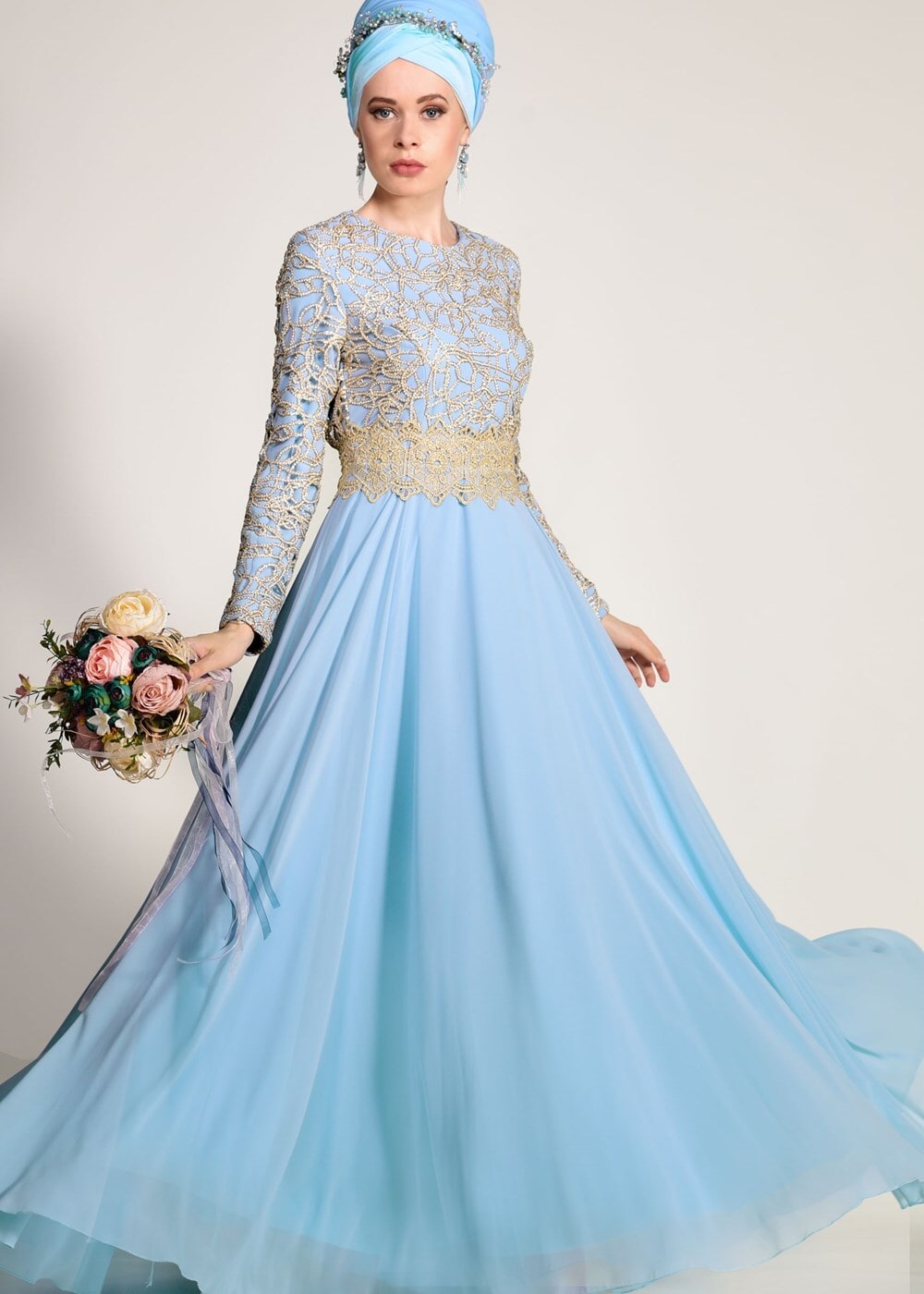 Hijab clothing BLUE GUIPURED EVENING DRESS 2581 