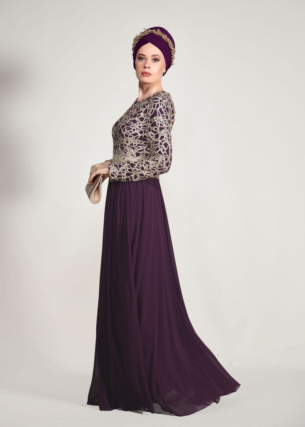 Vêtements hijab POURPRE ROBE DE SOIRÉE GUIPÉE 2581