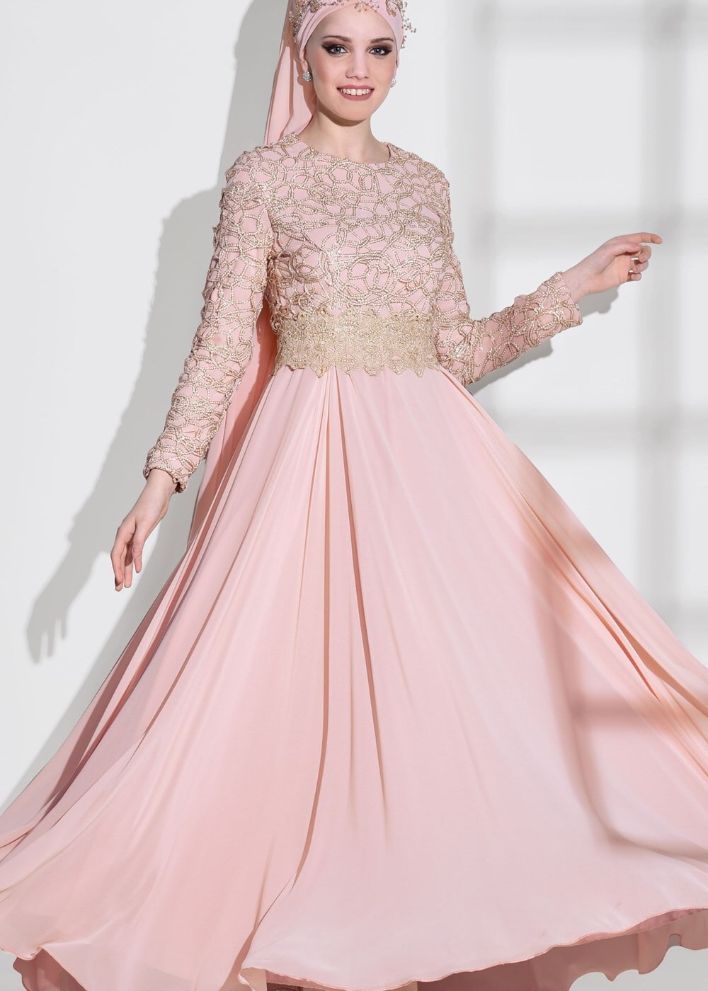 Hijab clothing POWDER GUIPURED EVENING DRESS 2581 