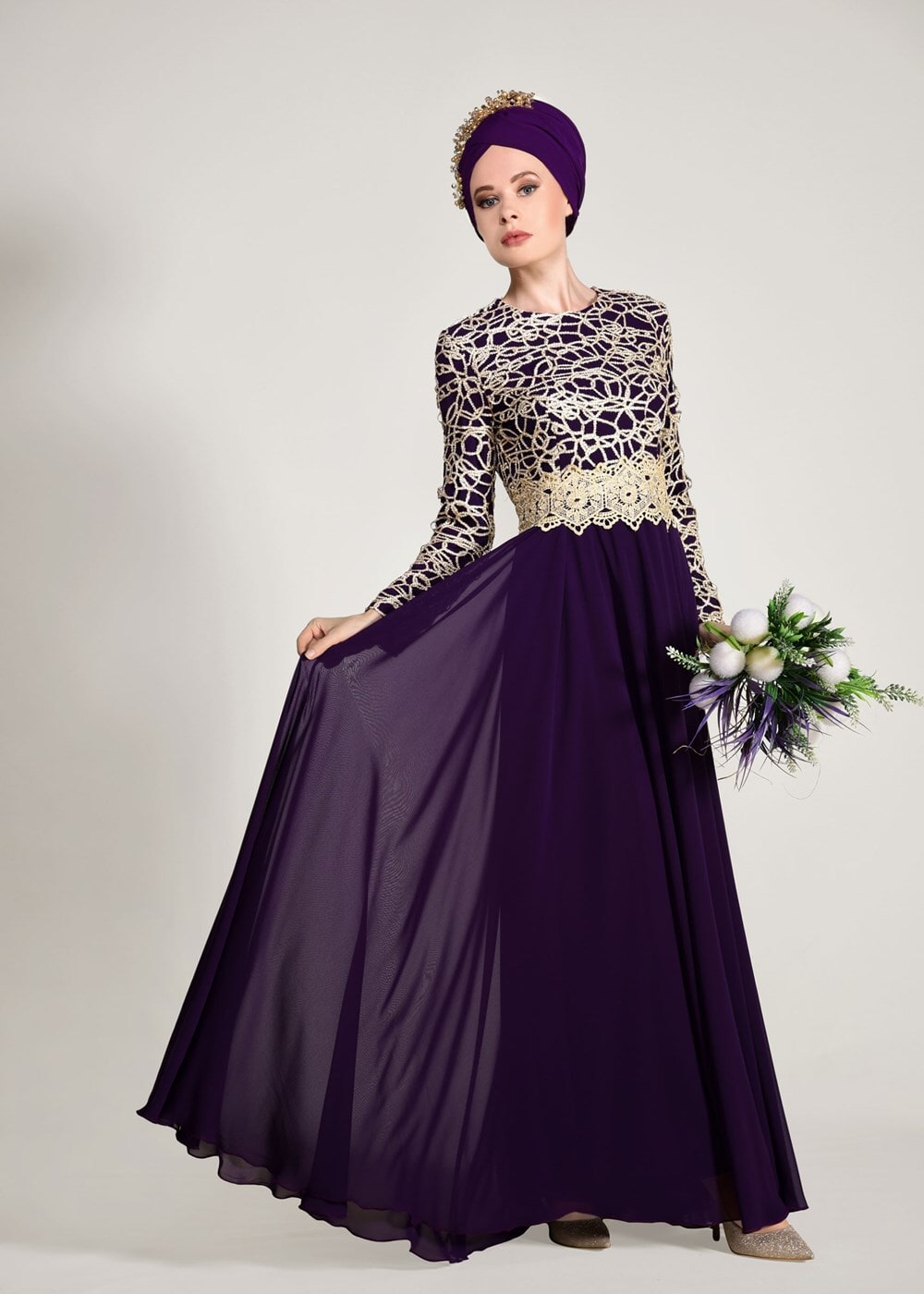 Hijab clothing PURPLE GUIPURED EVENING DRESS 2581 