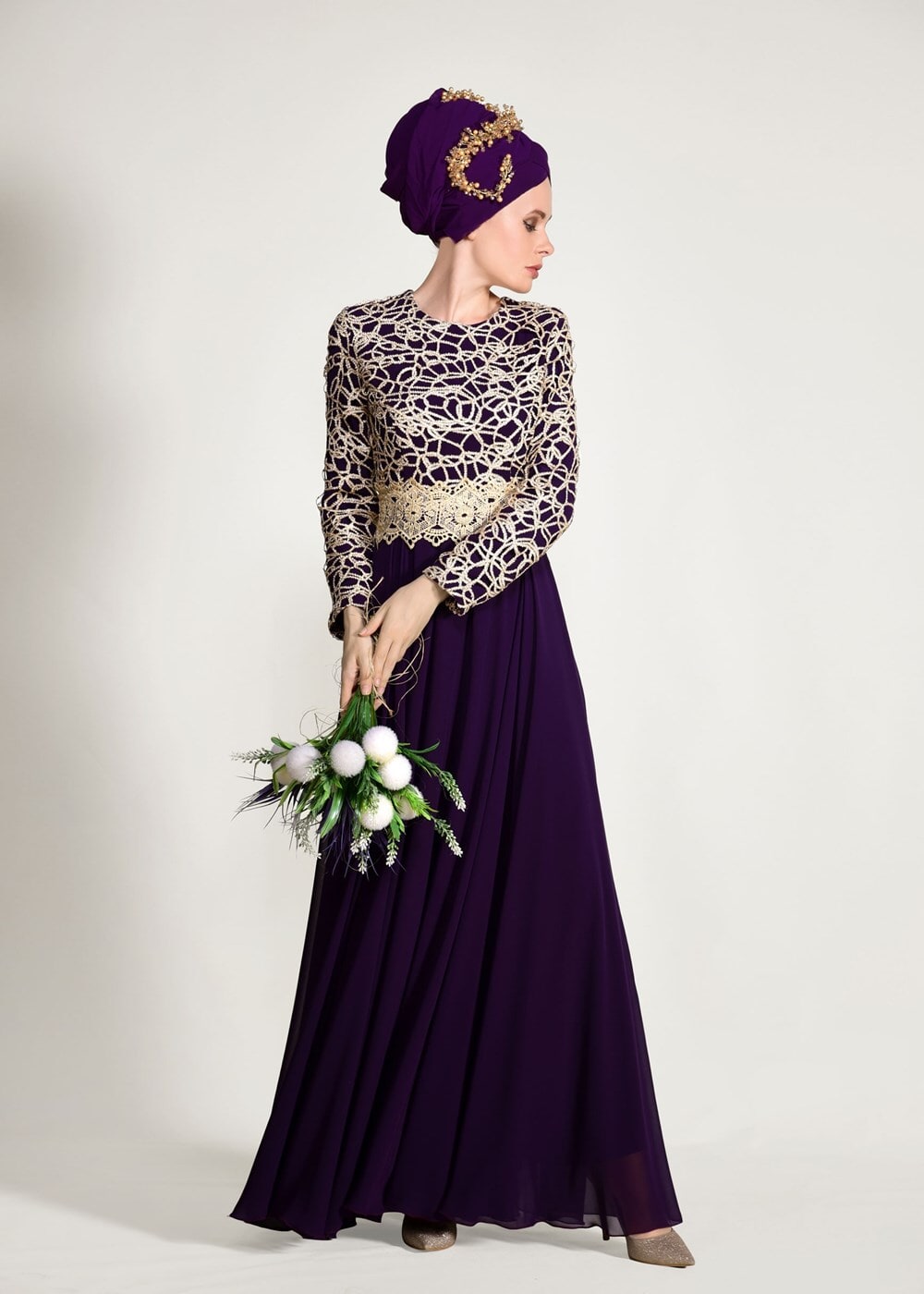 Hijab clothing PURPLE GUIPURED EVENING DRESS 2581 