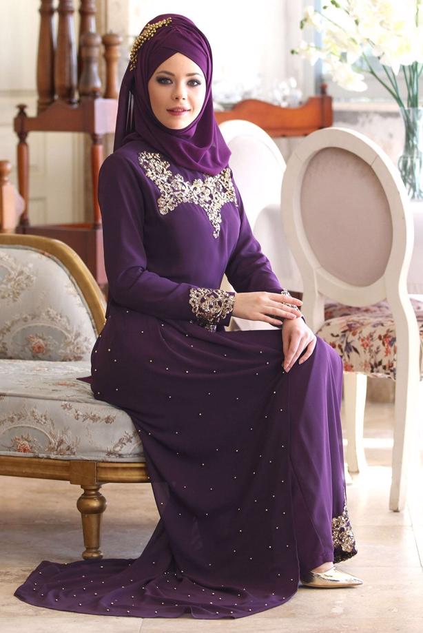 Vêtements hijab  Chiffon at the Waist Pearl Detailed Evening Dress 2951 - TRENDTESETTÜR