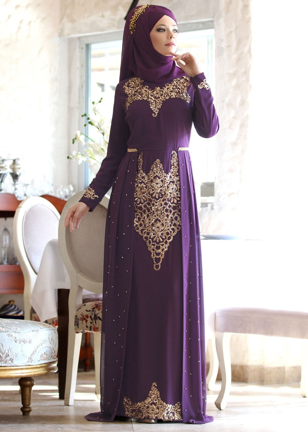 Hijab clothing PURPLE Chiffon at the Waist Pearl Detailed Evening Dress 2951