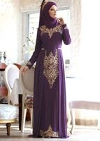 Hijab clothing PURPLE Chiffon at the Waist Pearl Detailed Evening Dress 2951