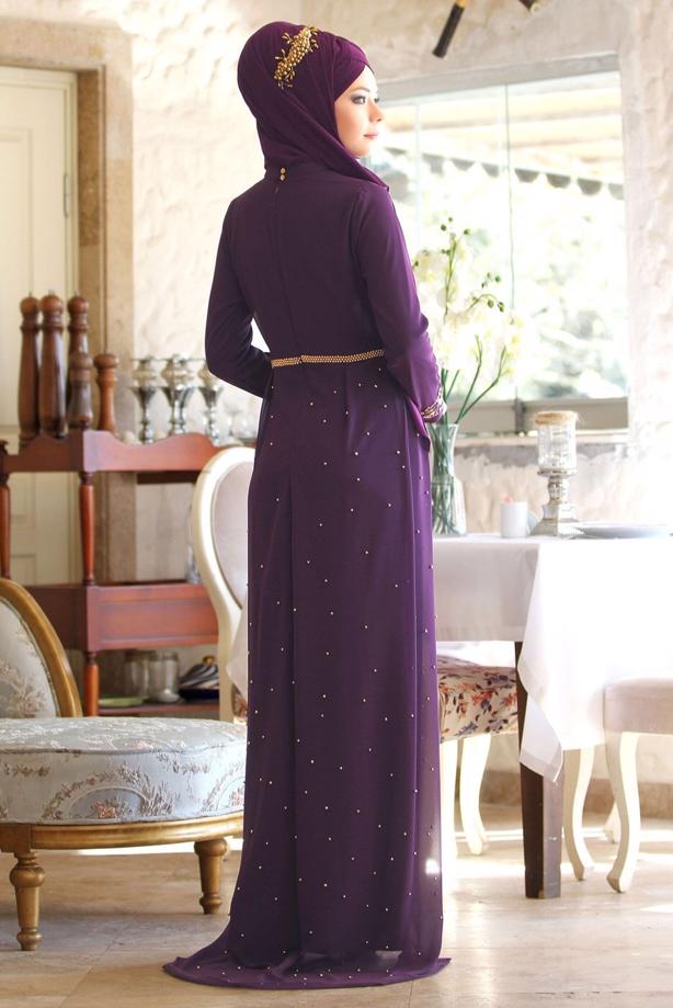 Vêtements hijab  Chiffon at the Waist Pearl Detailed Evening Dress 2951 - TRENDTESETTÜR
