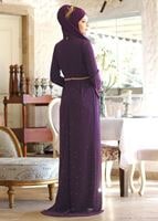 Hijab clothing PURPLE Chiffon at the Waist Pearl Detailed Evening Dress 2951