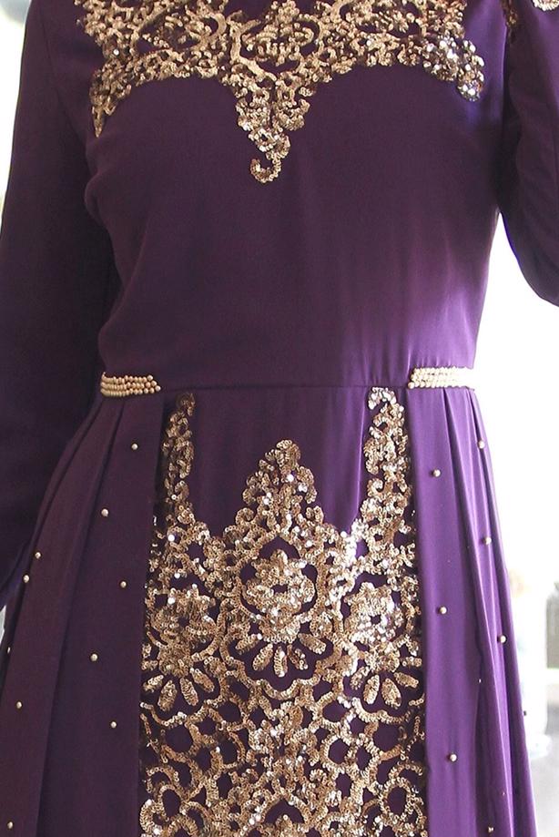 Vêtements hijab  Chiffon at the Waist Pearl Detailed Evening Dress 2951 - TRENDTESETTÜR