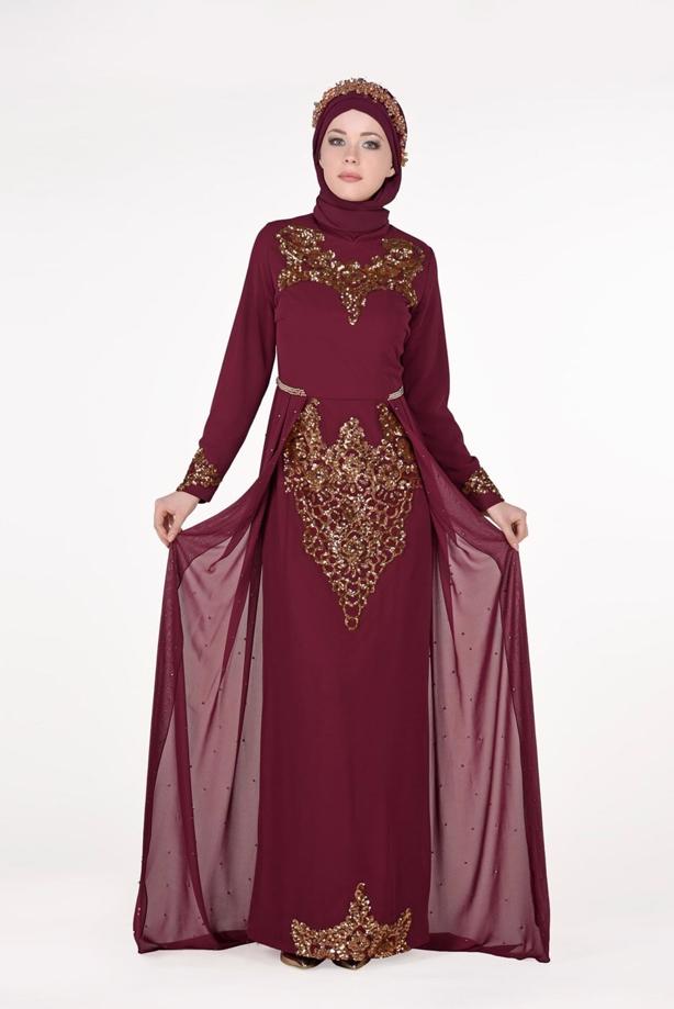 Vêtements hijab  Chiffon at the Waist Pearl Detailed Evening Dress 2951 - TRENDTESETTÜR