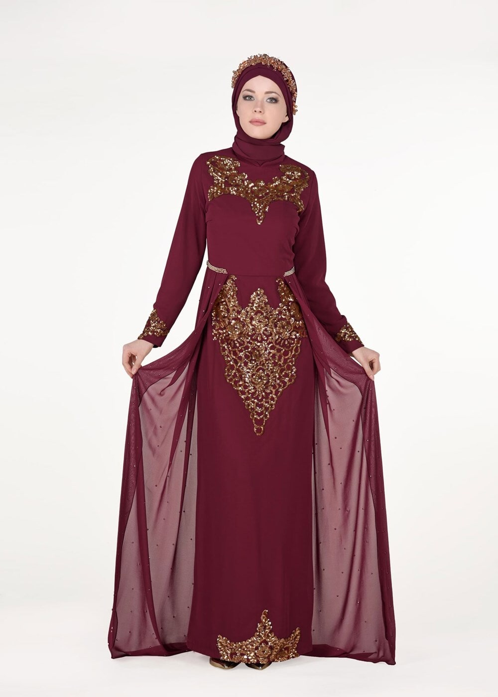 Hijab clothing CLARET RED Chiffon at the Waist Pearl Detailed Evening Dress 2951