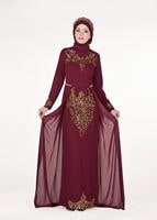Hijab clothing CLARET RED Chiffon at the Waist Pearl Detailed Evening Dress 2951