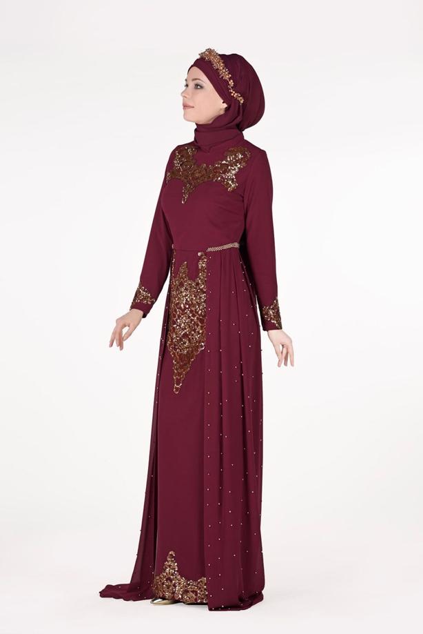 Vêtements hijab  Chiffon at the Waist Pearl Detailed Evening Dress 2951 - TRENDTESETTÜR