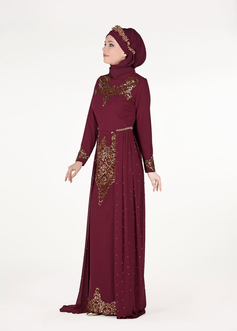 Hijab clothing CLARET RED Chiffon at the Waist Pearl Detailed Evening Dress 2951