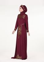 Hijab clothing CLARET RED Chiffon at the Waist Pearl Detailed Evening Dress 2951