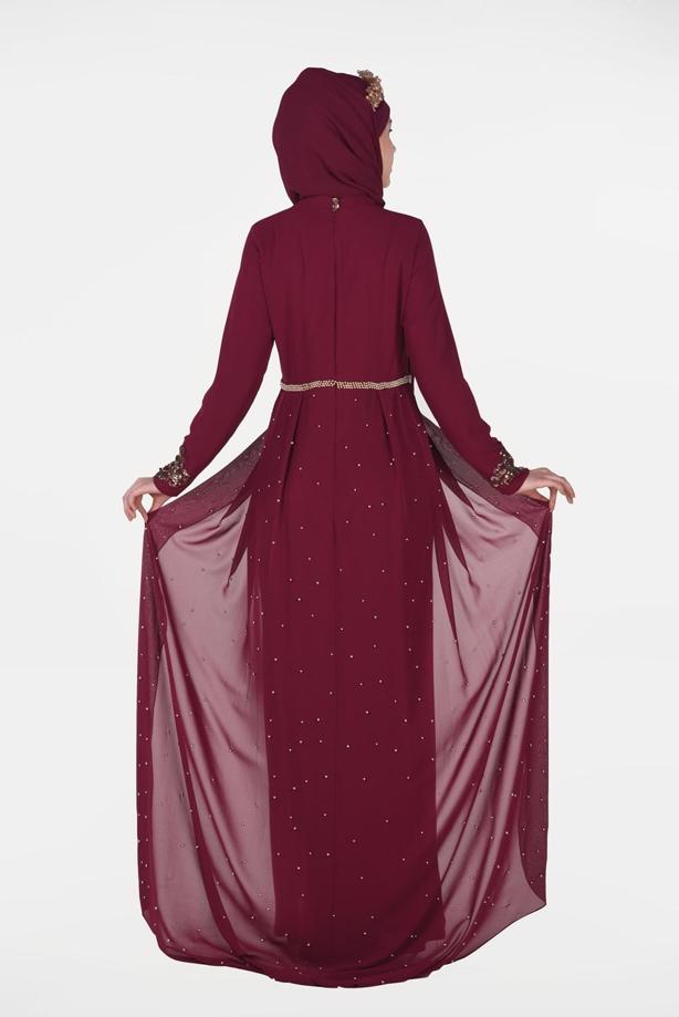 Vêtements hijab  Chiffon at the Waist Pearl Detailed Evening Dress 2951 - TRENDTESETTÜR