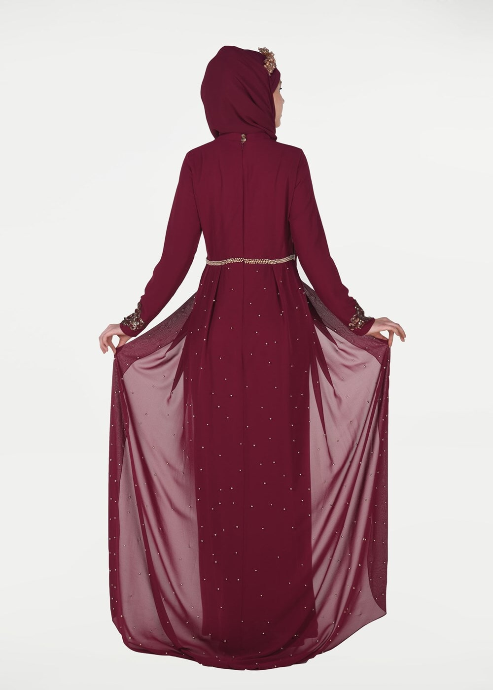 Hijab clothing CLARET RED Chiffon at the Waist Pearl Detailed Evening Dress 2951