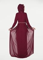 Hijab clothing CLARET RED Chiffon at the Waist Pearl Detailed Evening Dress 2951