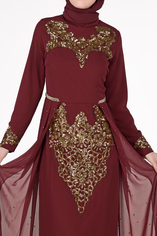 Vêtements hijab  Chiffon at the Waist Pearl Detailed Evening Dress 2951 - TRENDTESETTÜR